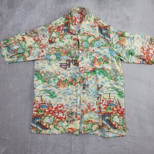 Barry Bricken Vintage Hawaiian Cream & Red Asian Floral Unisex Shirt M | Size M